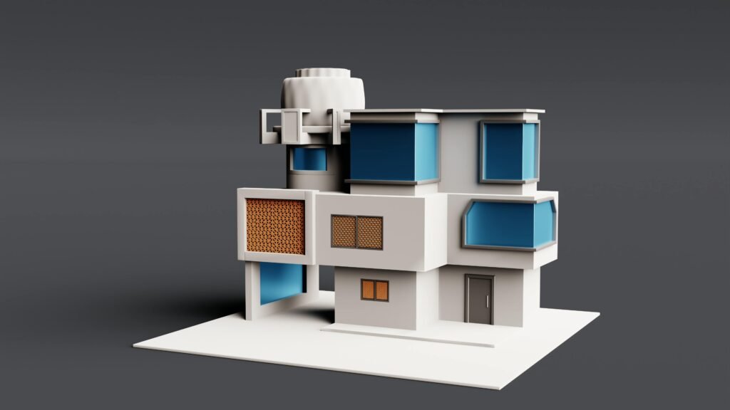 3D rendering of a modern building model with blue window accents and geometric design.
